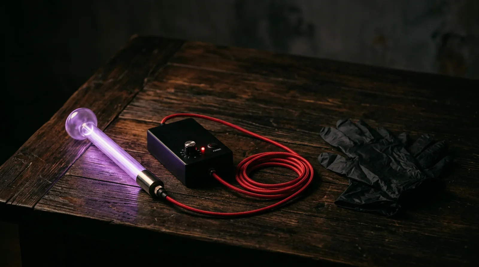 A glowing violet wand electrode beside an e-stim control box, coiled red wire and black nitrile gloves on a dark table