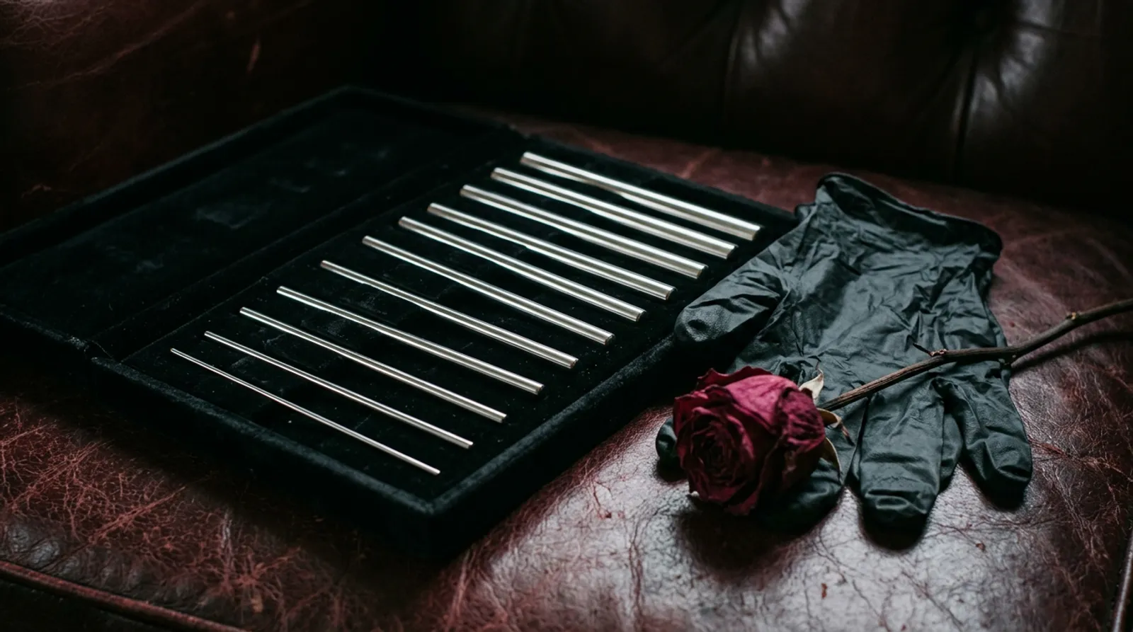 Polished stainless steel sounds in a velvet-lined case beside black nitrile gloves