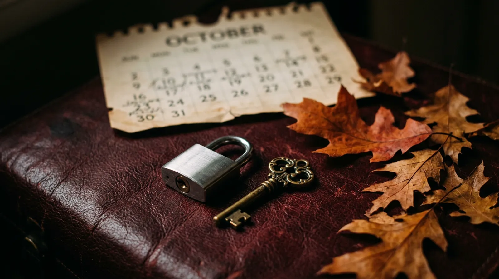 A steel padlock and antique key on dark leather among autumn leaves