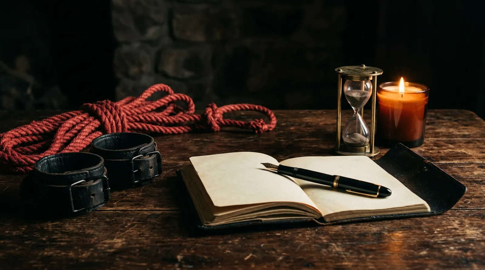 An open leather notebook and pen beside red rope, leather cuffs and a candle on a dark table