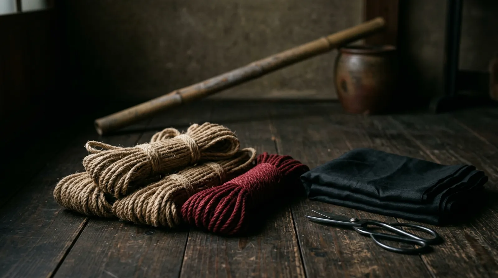 Coiled bundles of natural jute rope and red rope on a dark wooden floor beside safety shears